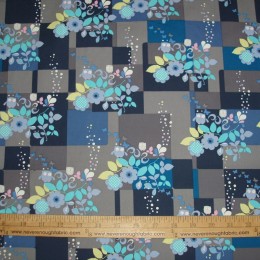 Cotton Blend Blue floral on blue gray blocks