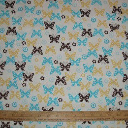 Cotton Blend Yellow Brown and Blue butterflies on white