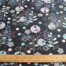 Cotton Blend flowers in blue and lavender on dark blue 58/60" wide (60)