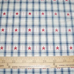 Cotton Blend WOVEN stars on plaid  red, white and blue